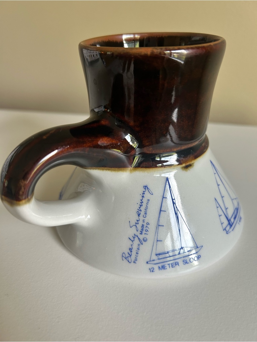 Feltman Langer Bearly Surviving Ceramic Captain’s nautical sailboat mug USA 1979